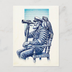 Vintager Seefahrer mit Binoculars und einem Papage Postkarte