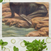 Vintager Seelöwe an der Küste, Meeressäugetiere Geschirrtuch (Gefaltet)