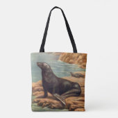 Vintager Seelöwe an der Küste, Meeressäugetiere Tasche (Rückseite)