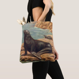 Vintager Seelöwe an der Küste, Meeressäugetiere Tasche