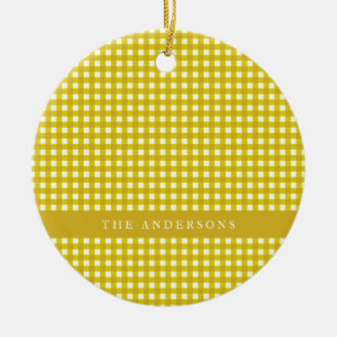 Vintager Senf Yellow Gingham Kariert Personalisier Keramik Ornament