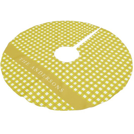Vintager Senf Yellow Gingham Kariert Personalisier Polyester Weihnachtsbaumdecke (Schrägansicht)