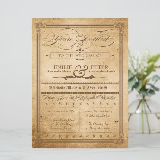 Vintager Sepia Poster Style Wedding Einladung (Stehend Vorderseite)