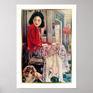 Vintager Shanghai China Ad Woman und Pekingese Dog Poster