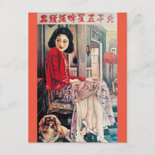 Vintager Shanghai China Ad Woman und Pekingese Dog Postkarte