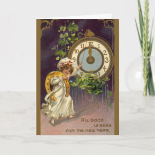 Vintager Silvester Irish Lass Clock um Mitternacht Feiertagskarte