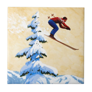 Vintager Ski-Plakat-, Skipullover und Kiefernbäume Fliese