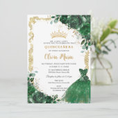 Vintager Smarald Green Floral Dress Quinceañera Einladung (Stehend Vorderseite)