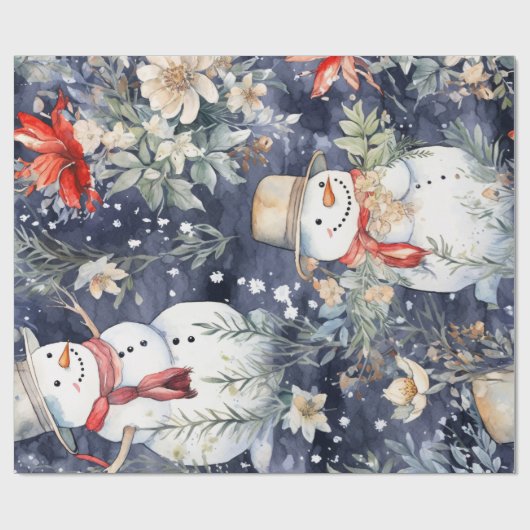 Vintager Snowman & Christmas Florals Geschenkpapier (Flach)