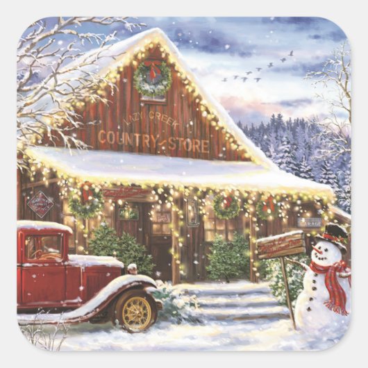Vintager Snowman Country Store Quadratischer Aufkleber (Vorderseite)