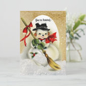 Vintager Snowman mit Gold Glitzer Weihnachts-Party Einladung (Stehend Vorderseite)