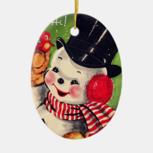 Vintager Snowman mit rotem Vogel Keramikornament
