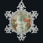 Vintager Snowman Schneeflocken Zinn-Ornament<br><div class="desc">Dieses ist eine Vintage Postkartenillustration eines Snowman, der errichtet wird.</div>