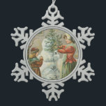 Vintager Snowman Schneeflocken Zinn-Ornament<br><div class="desc">Dieses ist eine Vintage Postkartenillustration eines Snowman, der errichtet wird.</div>