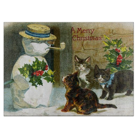 Vintager Snowman und Katzenglasschneidenbrett Schneidebrett (Vorderseite)