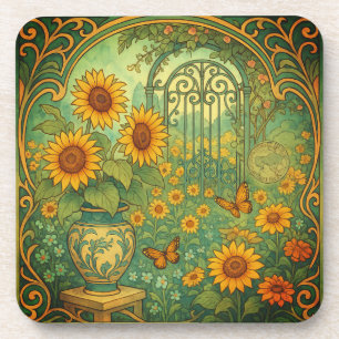 Vintager Sonnenblumengarten Schmetterlinge im Juge Getränkeuntersetzer