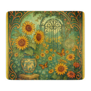 Vintager Sonnenblumengarten Schmetterlinge im Juge Schneidebrett