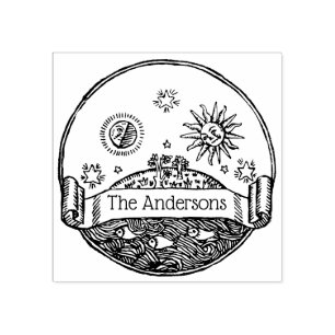 Vintager Sonnenmond Sterne Ozeanerde Zeichne Namen Gummistempel