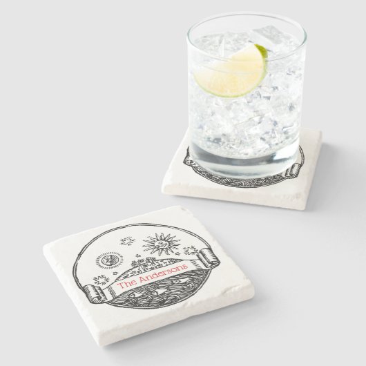 Vintager Sonnenmond Sterne Ozeanerde Zeichne Steinuntersetzer (Seitenansicht)