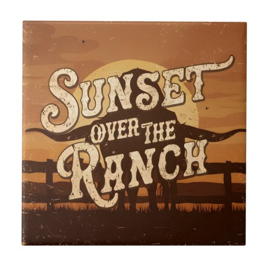 Vintager Sonnenuntergang über der Ranch Fliese (Vorderseite)