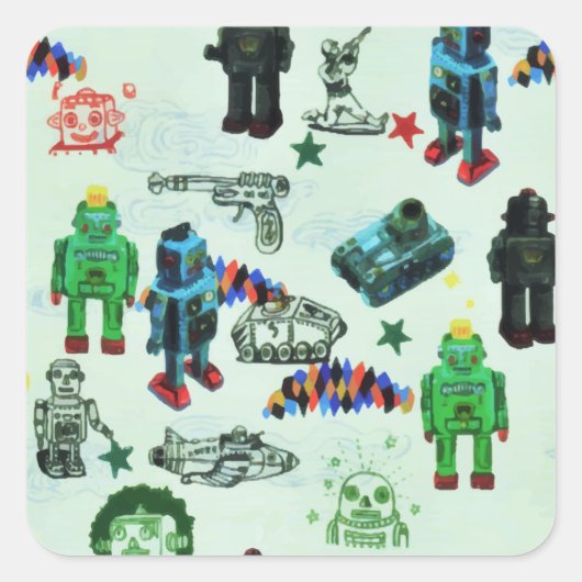 Vintager Spaß Außenweltraumrobot Quadratischer Aufkleber (Vorderseite)
