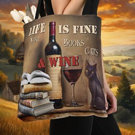 Vintager Spaß Bücher Katzen Wein Tasche