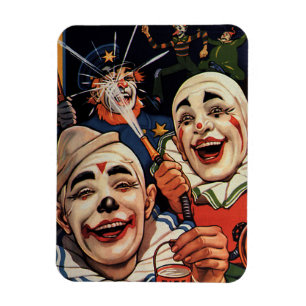 Vintager Spaß, lachende Zirkus-Clowns und Polizei Magnet