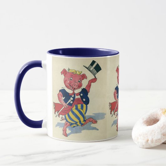 Vintager Spaß, Niedliche Happy Dancing Pig Tänze Tasse (Mit Donut)