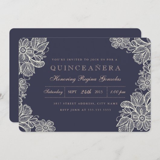Vintager Spitzenplatz Quinceñera Einladung (Vorne/Hinten)
