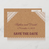 Vintager Spitzenweinkorken-Hochzeit SPAREN DAS DAT Ankündigungspostkarte (Vorne/Hinten)