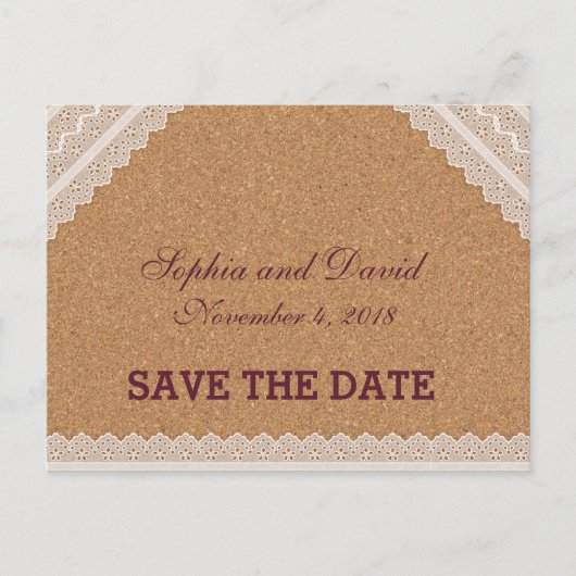 Vintager Spitzenweinkorken-Hochzeit SPAREN DAS DAT Ankündigungspostkarte (Vorderseite)
