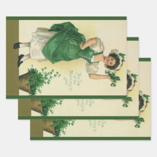 Vintager St. Patrick's Day Irish Lass mit Clovers Geschenkpapier Set