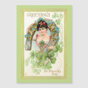 Vintager St. Patrick's Day Lassie mit Horseshoe Magnetkarte
