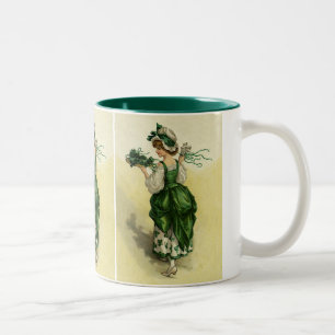 Vintager St. Patrick's Day, Woman Green Kleeblatts Zweifarbige Tasse