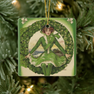 Vintager St. Patrick's Day, Wreath mit Irish Lass Keramikornament