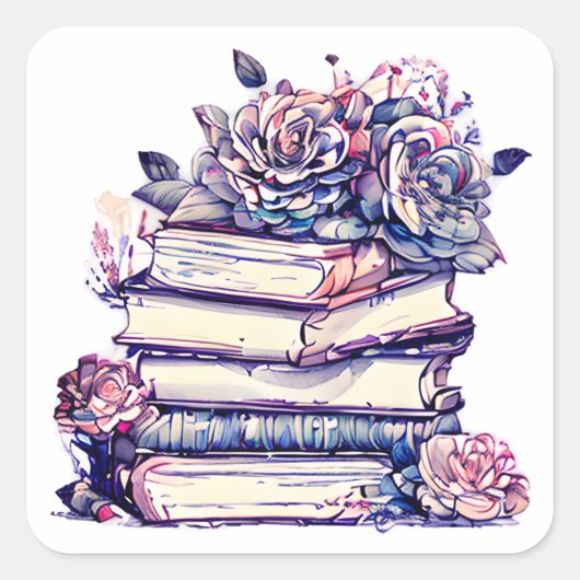 Vintager Stapel von Büchern und Rose Quadratischer Aufkleber (Vorderseite)