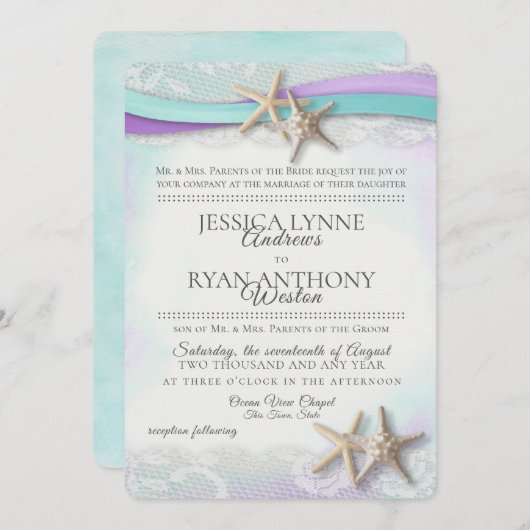 Vintager Starfish Beach Orchid und Türkis Einladung (Vorne/Hinten)