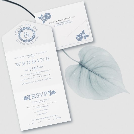 Vintager staubblauer Rose-Kranz All In One Einladung