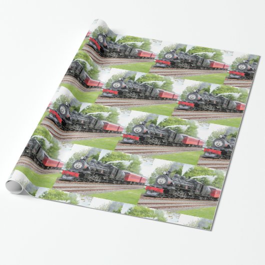 Vintager Steam-Motor-Train Rotes Muster Geschenkpapier (Ungerollt)