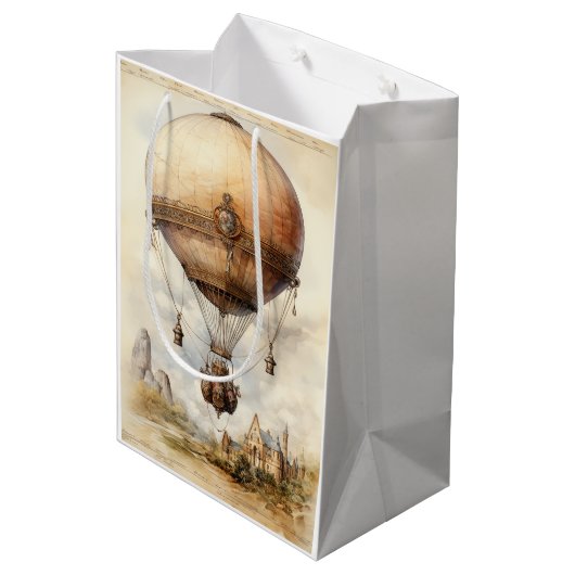 Vintager Steampunk Heißluftballon Mittlere Geschenktüte (Rückseite Schrägansicht)