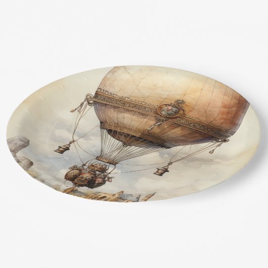 Vintager Steampunk Heißluftballon Pappteller (Schrägansicht)