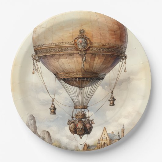 Vintager Steampunk Heißluftballon Pappteller (Vorderseite)