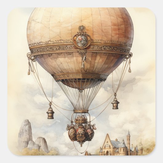 Vintager Steampunk Heißluftballon Quadratischer Aufkleber (Vorderseite)