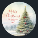 Vintager Sticker für Evergreen Christmas Tree<br><div class="desc">Ein schöner immergrüner Kiefernbaum, der zu Weihnachten mit leuchtend roten Bauern geschmückt ist, taucht in die schneebewaldete Landschaft ein. Ein so hübscher klassischer und zeitloser Anblick, der ein Gefühl des Friedens und des Glücks bringt. Hier ist es für Sie auf diesem Vintagen Aquarellaufkleber, den Sie genießen können, Ihre Geschenke und...</div>