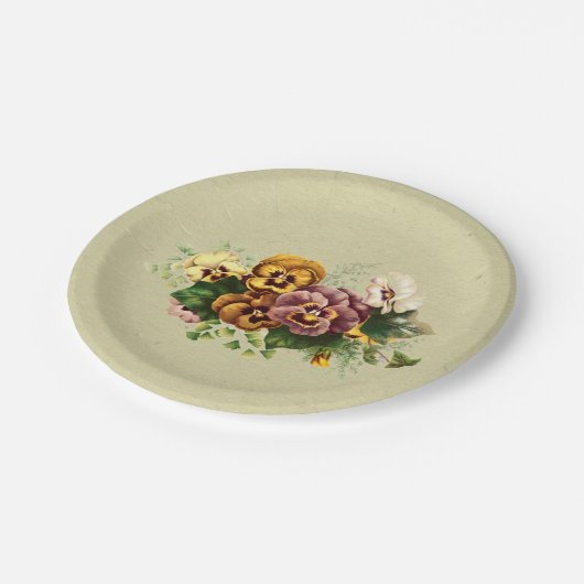 Vintager Stiefmütterchen-Blumenstrauß Pappteller (Schrägansicht)