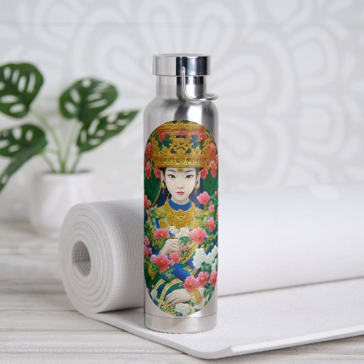 Vintager Stil Abstraktes Asiatisches Mädchen mit B Trinkflasche (Yoga)