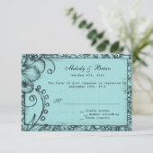 Vintager Stil Aqua Blues Hochzeit RSVP Karte (Stehend Vorderseite)