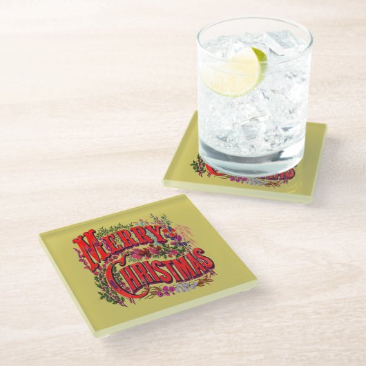 Vintager Stil Frohe Weihnachtsfeiertage Gruß Glasuntersetzer (Schrägansicht)
