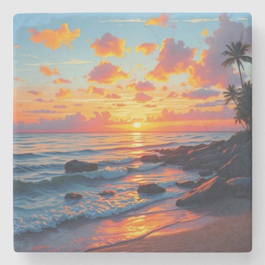 Vintager Stil Hawaiian Reisen Küste Meer Sunset Steinuntersetzer (Vorderseite)