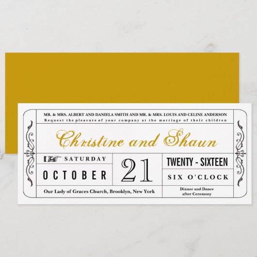 Vintager Stil Hochzeitsticket Einladung in Senf (Vorne/Hinten)